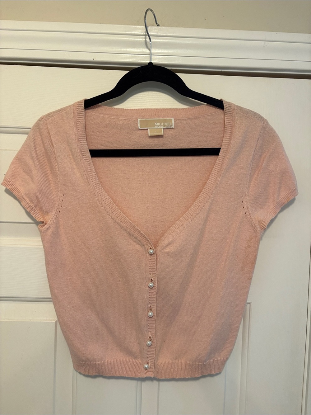 Michael Kors Blush Cropped Pearl-Button Cashmere blend Cardigan
